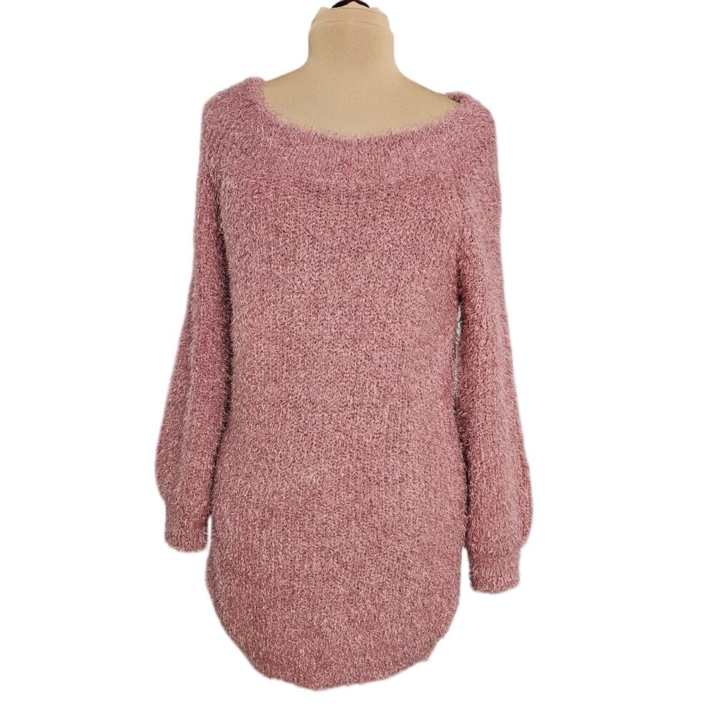 Snails & Cinnamon Cozy Pink Women's Eyelash Tunic Sweater Large Boat Neck